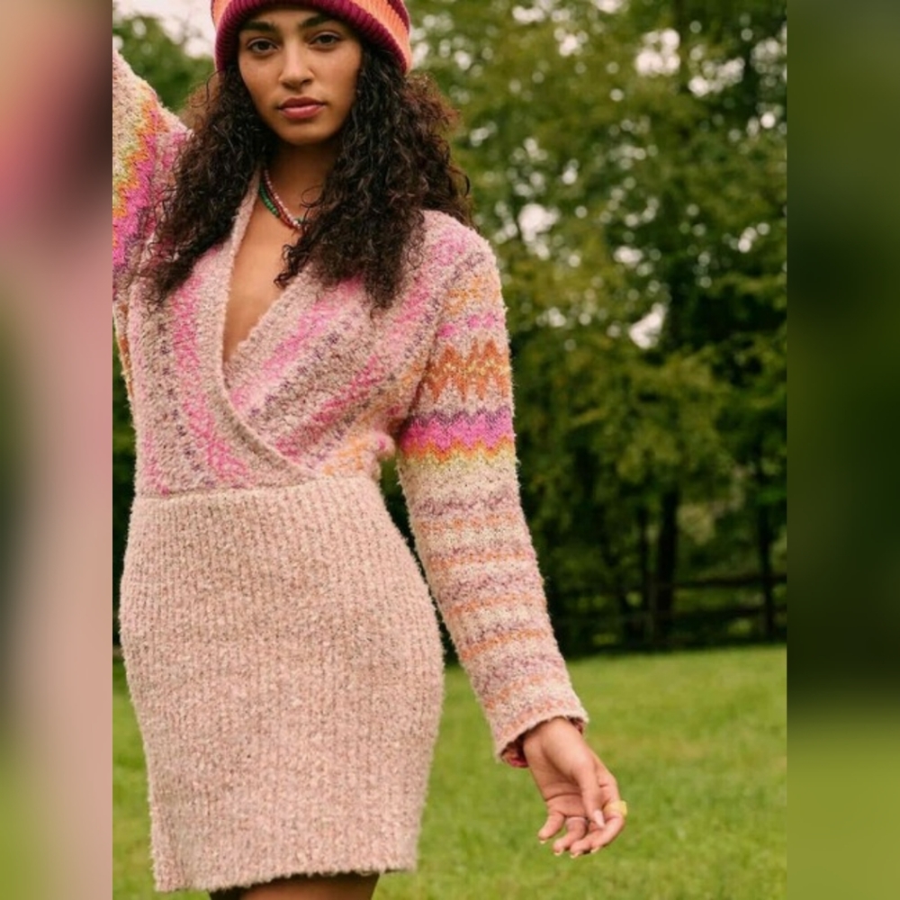 FREE PEOPLE Forever Fair Isle Sweater in Strawberry Combo Sweater Dress